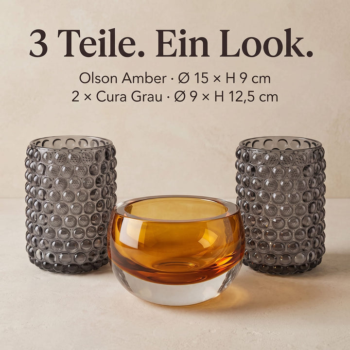 Dein Traumzimmer Kaheku Glas Deko Set Olson Amber &amp; Cura Grau Glas